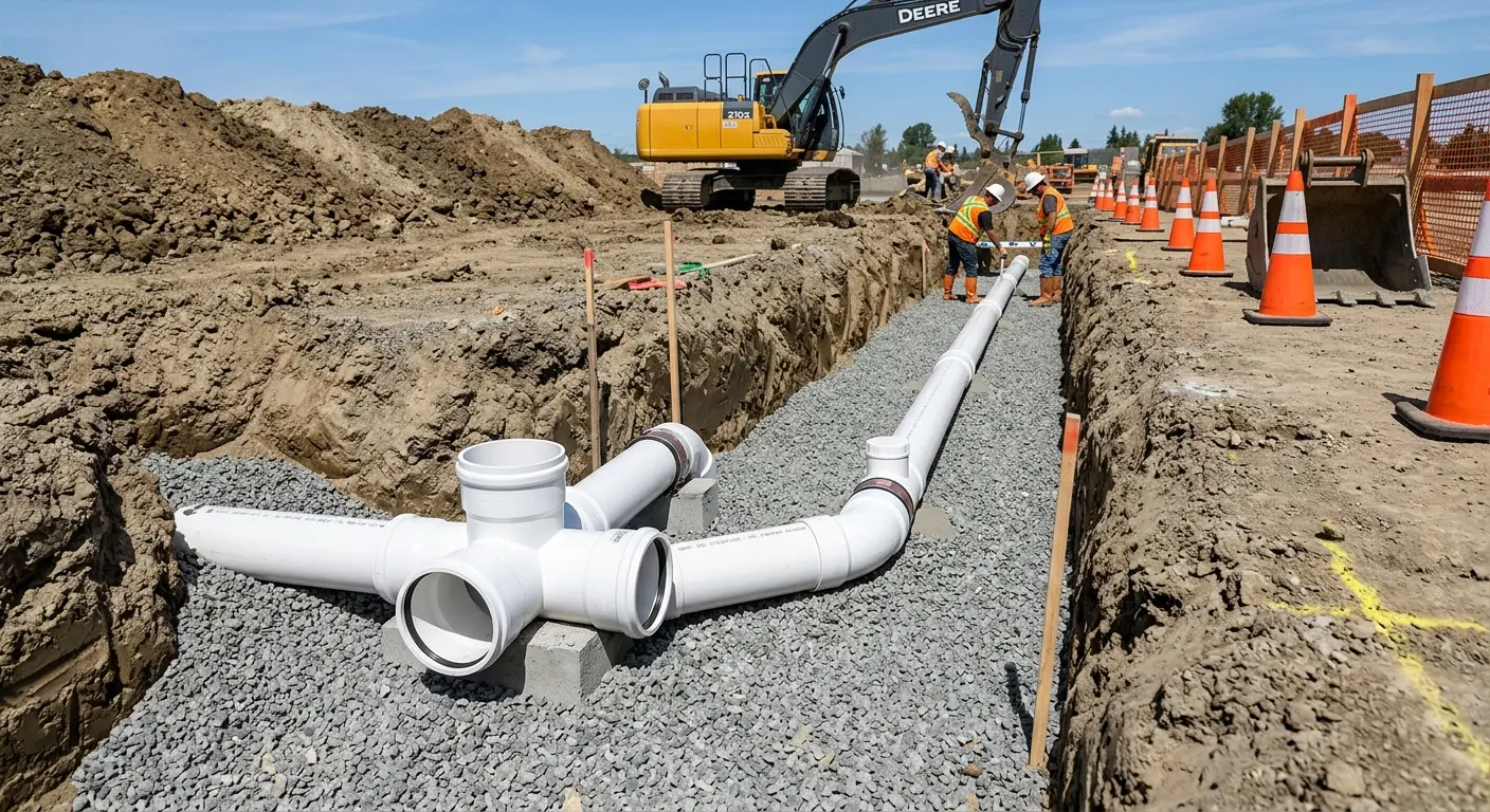 New PVC sewer pipe installation in open trench for Sewer Backup in Tiburon
