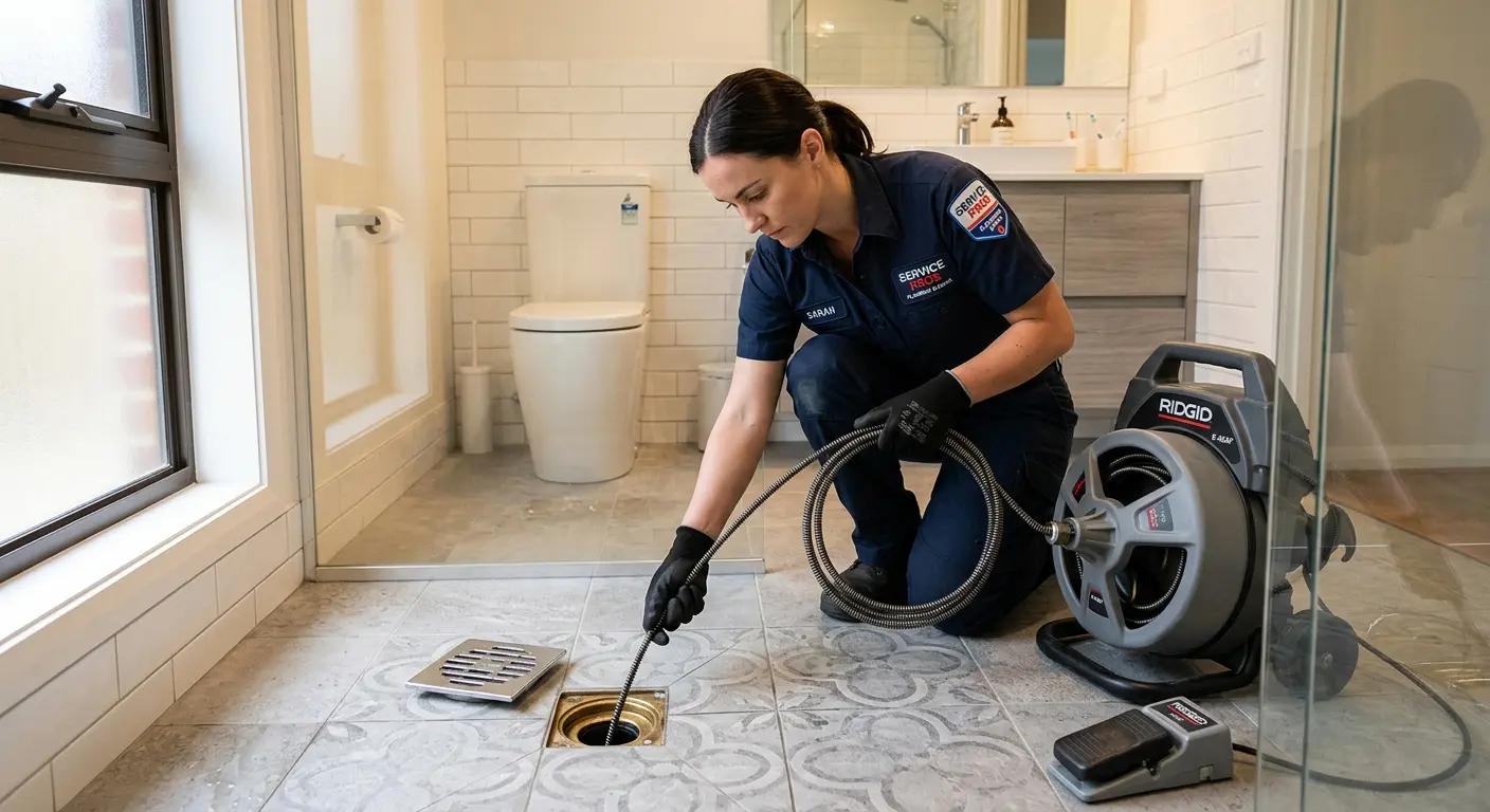 Technician clearing a bathroom floor drain for Drain Cleaning in Tiburon